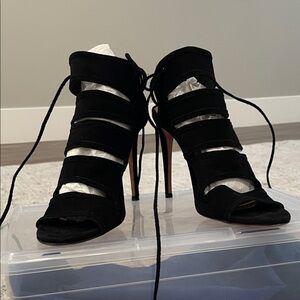 Aquazzura Black Suede Lace-Up Cutout Stiletto Sandals